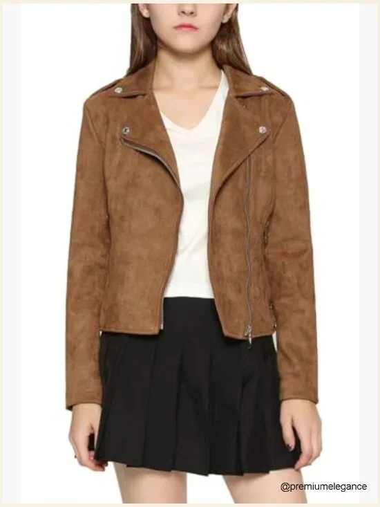 Faux Suede Moto Biker Jacket with Fringe, Fitted, Long Sleeve - Picture 2 of 6